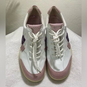 Ecco Golf Women's White and Pink Sneakers with Purple Accents Size 39